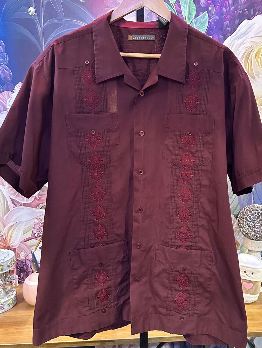John Henry XXL Men’s Guayabera Shirt Embroidered Cuban Retro 4 Pocket Burgundy